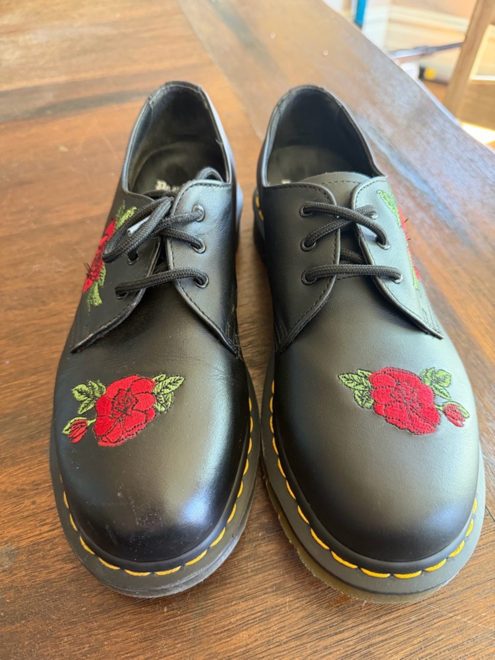 Dr.Martens Black Lace-Up Shoes with Red Rose Embroidery